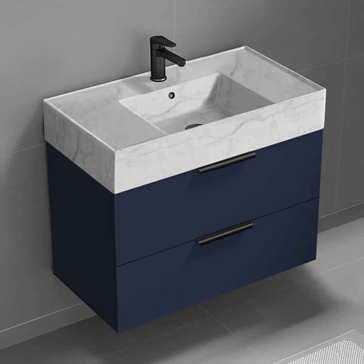 Nameeks DERIN419 Blue Bathroom Vanity With Marble Design Sink, Floating, 32 Inch